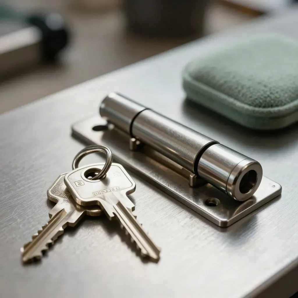 Lock cylinder, keys, hinge plate and deadbolt barrel on brushed metal with sage accent