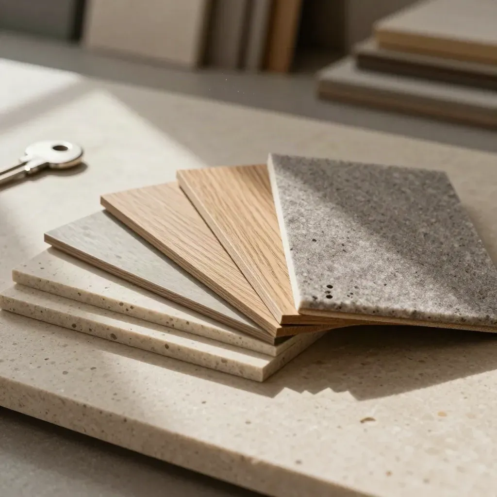 Travertine chips, oak veneer, hinge and felt pads fanned on matte stone in dramatic upper-left light.