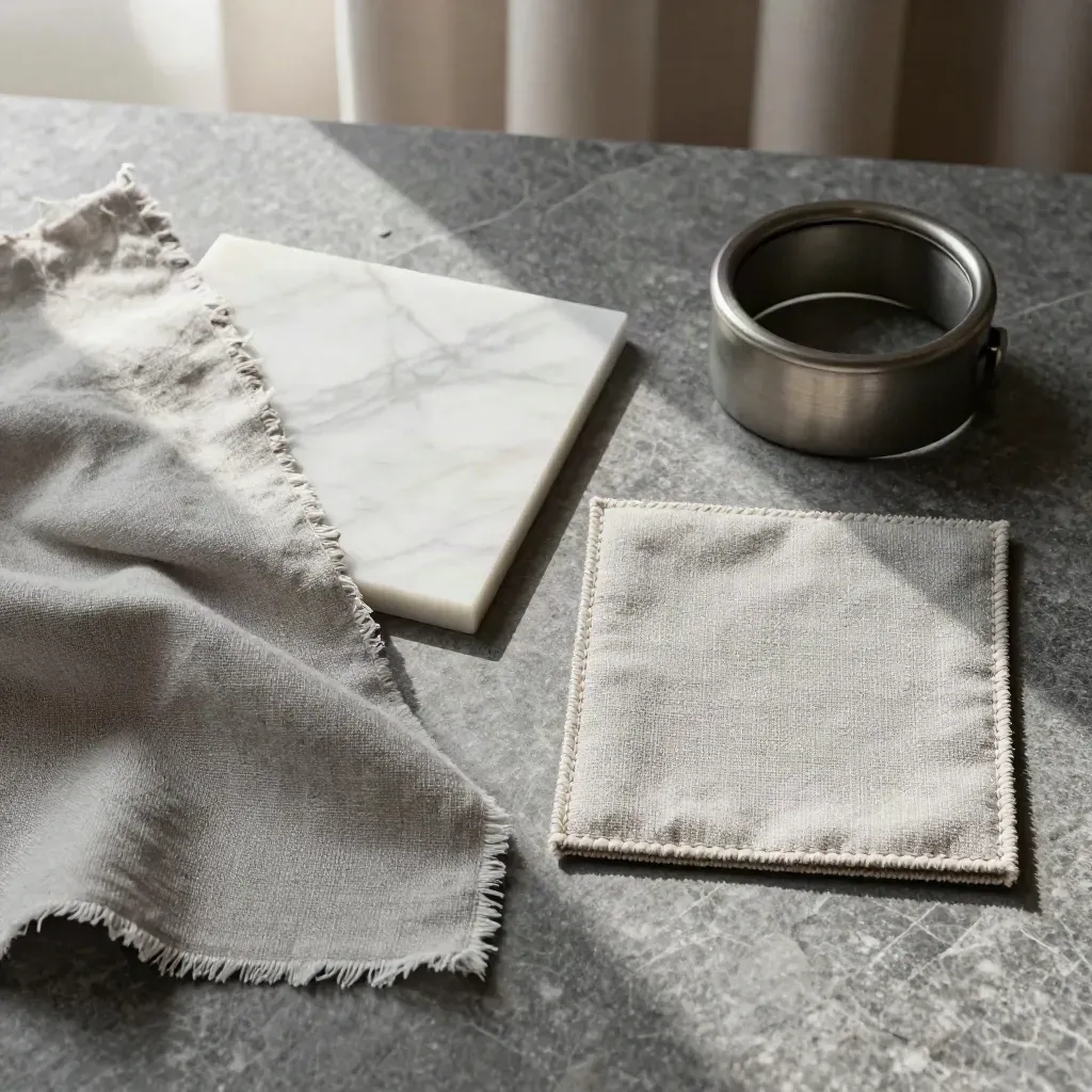 Macro flatlay of linen swatches, marble chip, curtain ring and upholstery sample on stone.