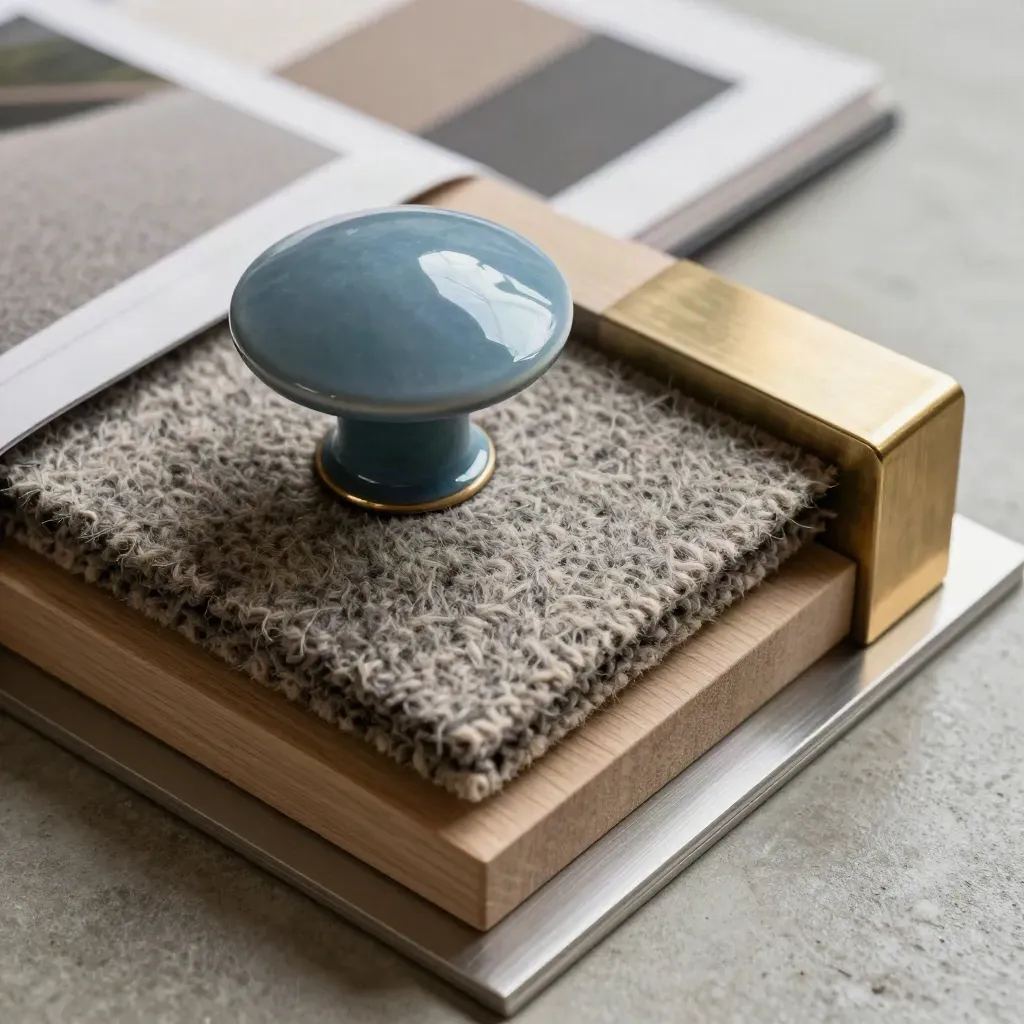 Top-down macro of ceramic knob, wool swatch, timber spacer and brass corner cap on concrete.