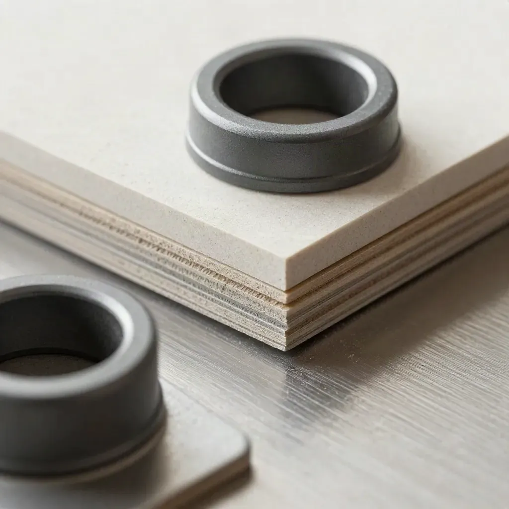 Macro office fit-out kit on brushed metal: bracket, tile offcut, grommet, tray corner.