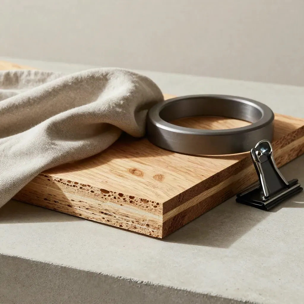 Plywood edge, fabric swatch, lamp ring, and bracket on pale concrete.