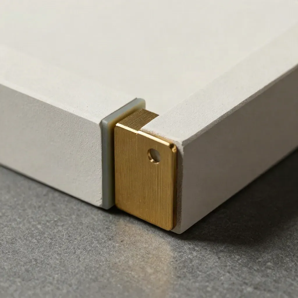 Brass clip locking two pale corner blocks beside a slim spacer on graphite stone.