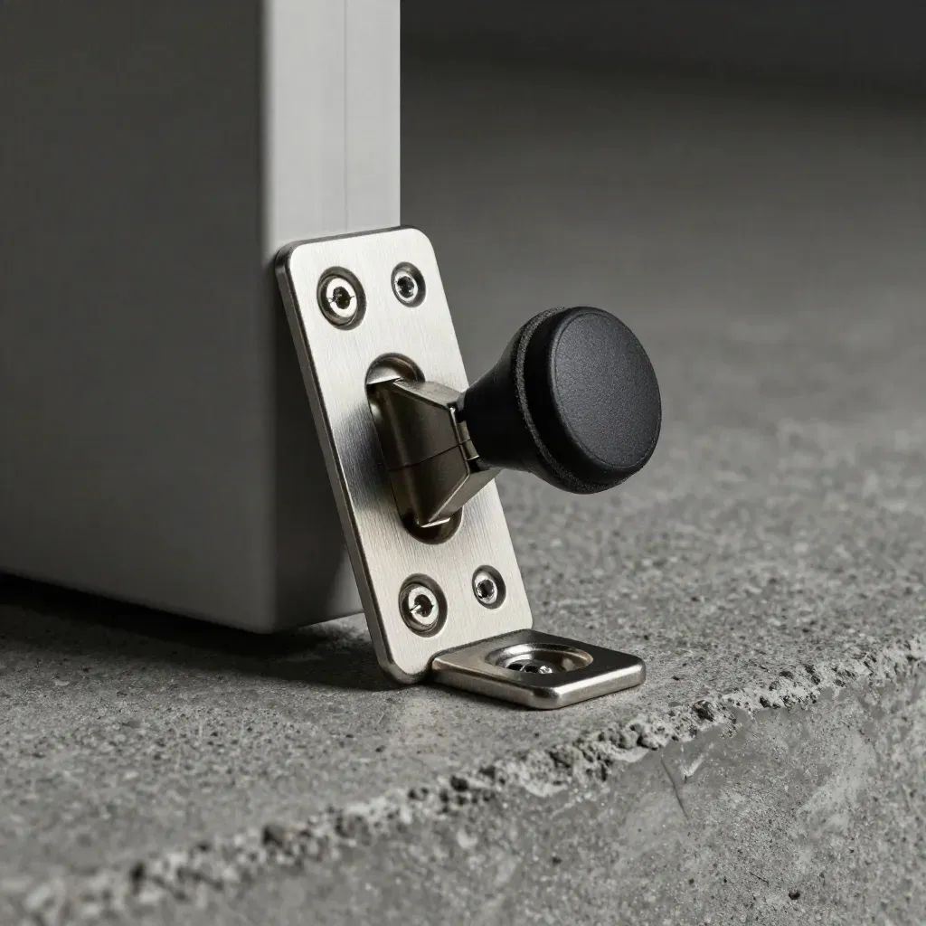 Hinge plate, door stop and jamb spacer on concrete, lit from upper left.