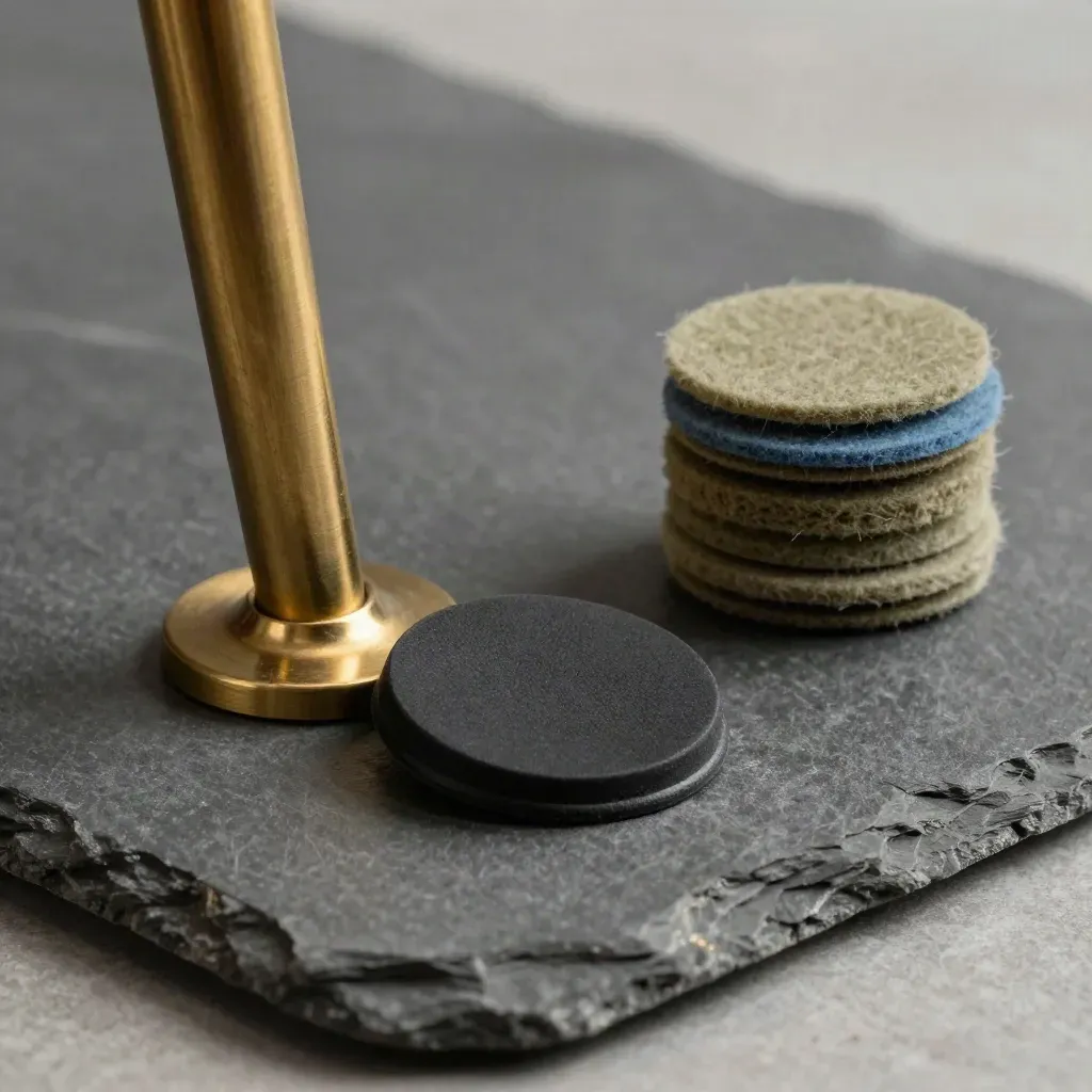 Brass chair leg cup, rubber glide pad and felt shims on matte graphite stone.