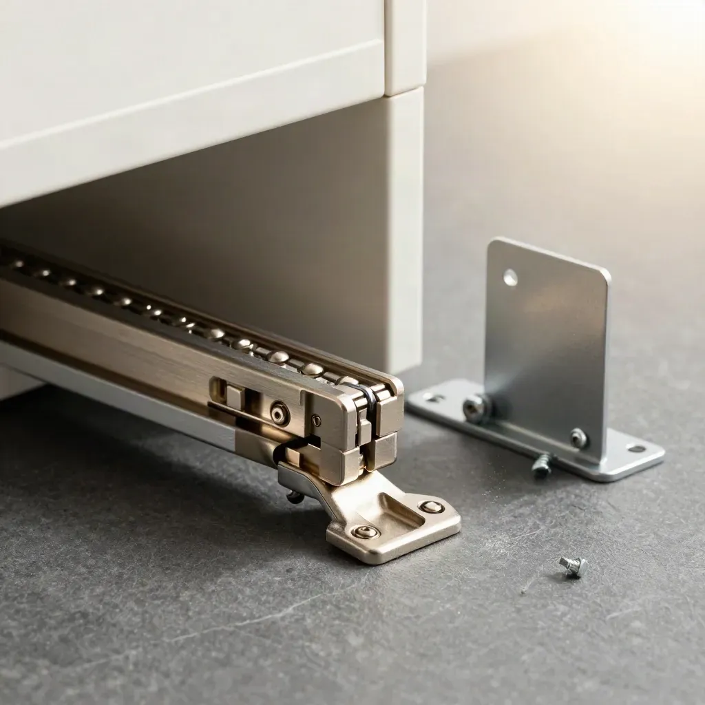 Macro still life of drawer runner, cabinet hinge and folded shelf bracket on pale stone.