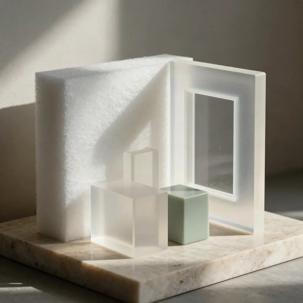 Translucent room-model cubes, foam block and frosted window frame on stone, lit dramatically.