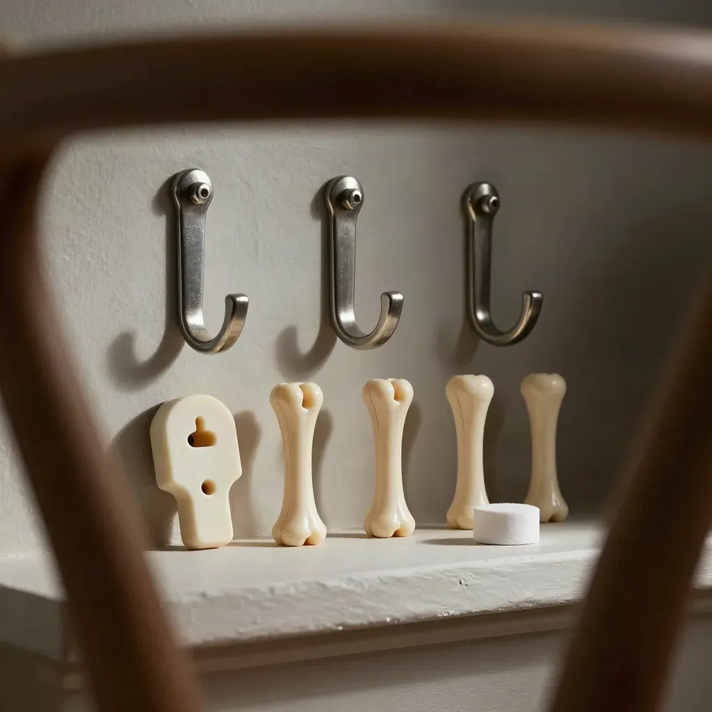 Wall plugs, hooks, shelf pins and a door stop arranged on a ledge
