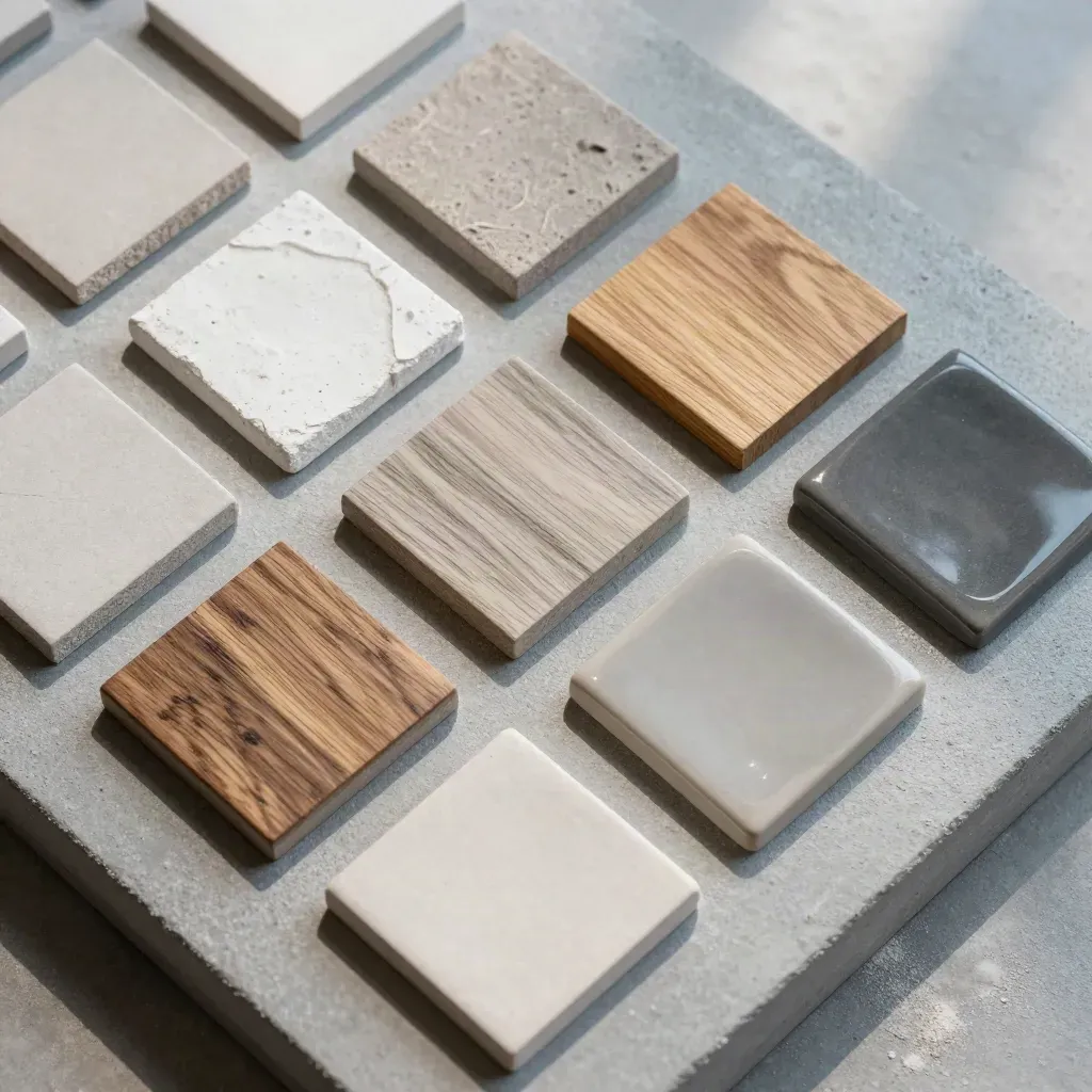 Top-down macro of plaster, limewash, oak and ceramic colour samples in grey progression.