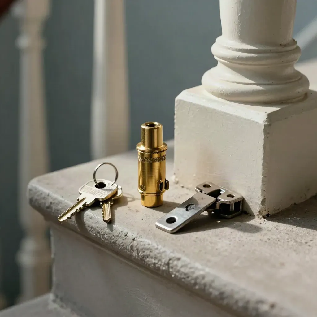 Lock cylinder, keys, hinge plate and latch on a stair landing, seen through blurred balustrade.