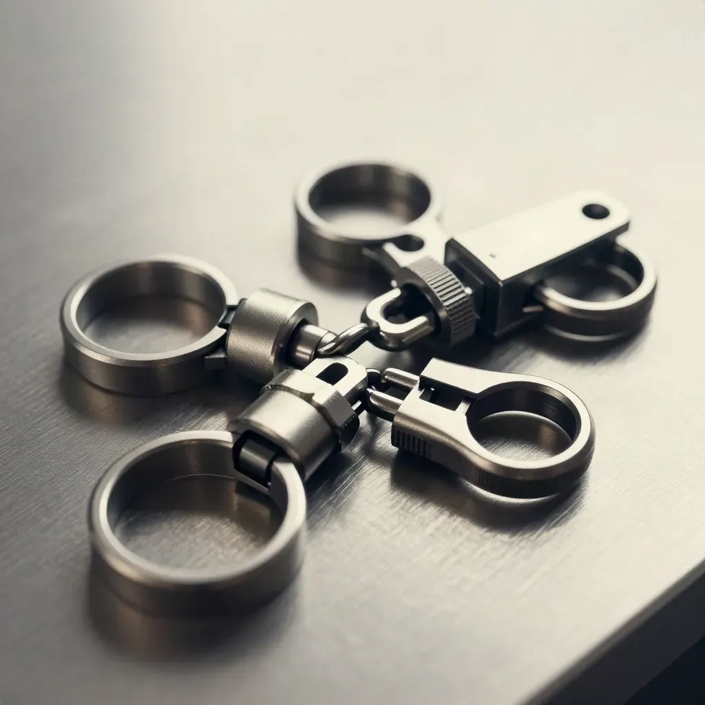 Linked metal rings and bridge clips on brushed steel, lit dramatically from above left.