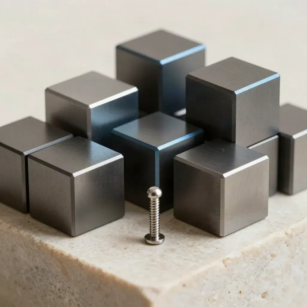 Modular blocks and precision pins nesting together on pale stone in soft studio light.