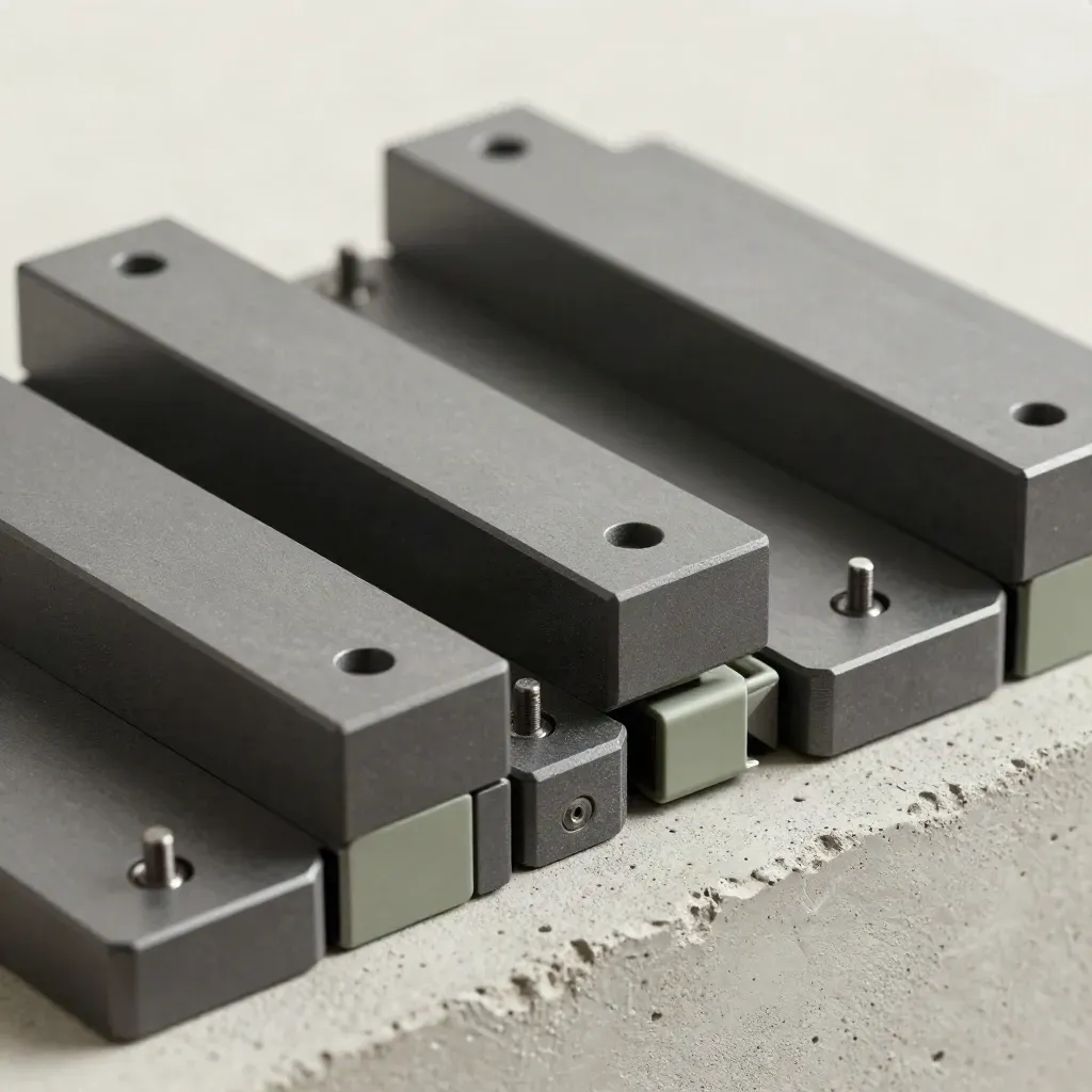 Macro of graphite connector plates, dowels, and sage joiner clips on concrete.
