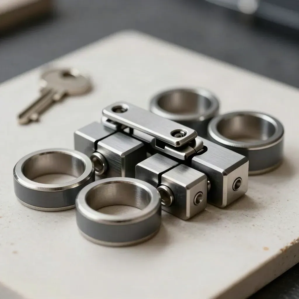 Overhead metal rings and connector blocks snapping into order on a plaster slab.