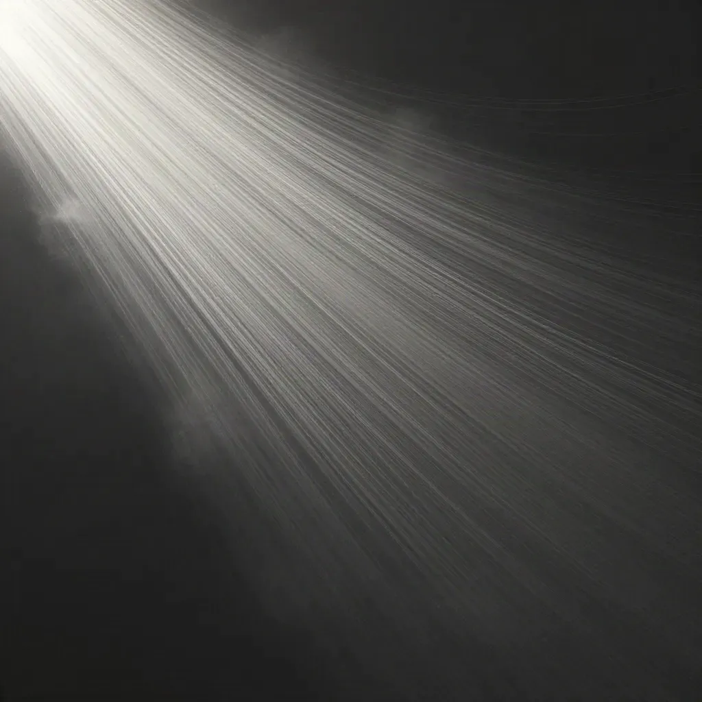 Silver light filaments converge into a soft white bloom in graphite haze, leaving calm space below.